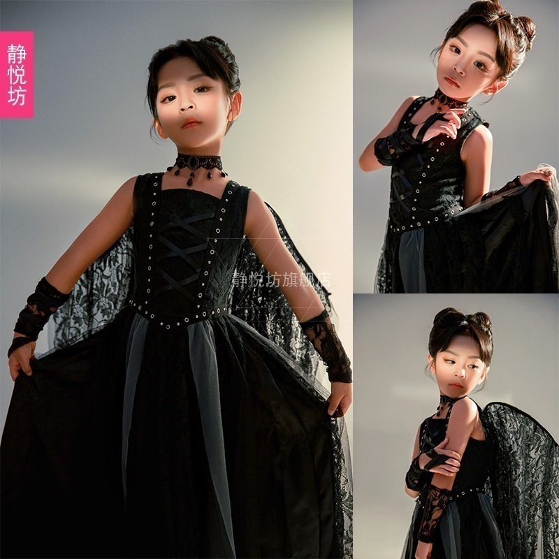 【即納】ハロウィーン子供暗い夜精霊天使長いスカート舞台ショーt台は黒い悪魔公演ワンピースを詰めます