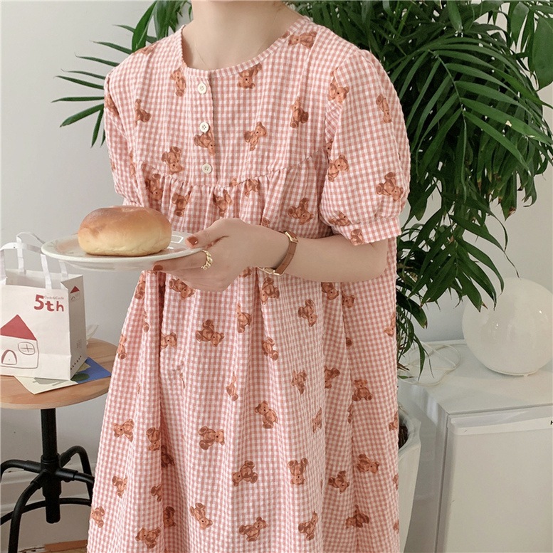 小熊プリントチェック柄パジャマ レディース パジャマ ルームウェア ナイトウェア セットアップ ワンピース クルーネック 半袖 2点セット 上下セット ツーピース クマ ギンガムチェック 大人可愛い