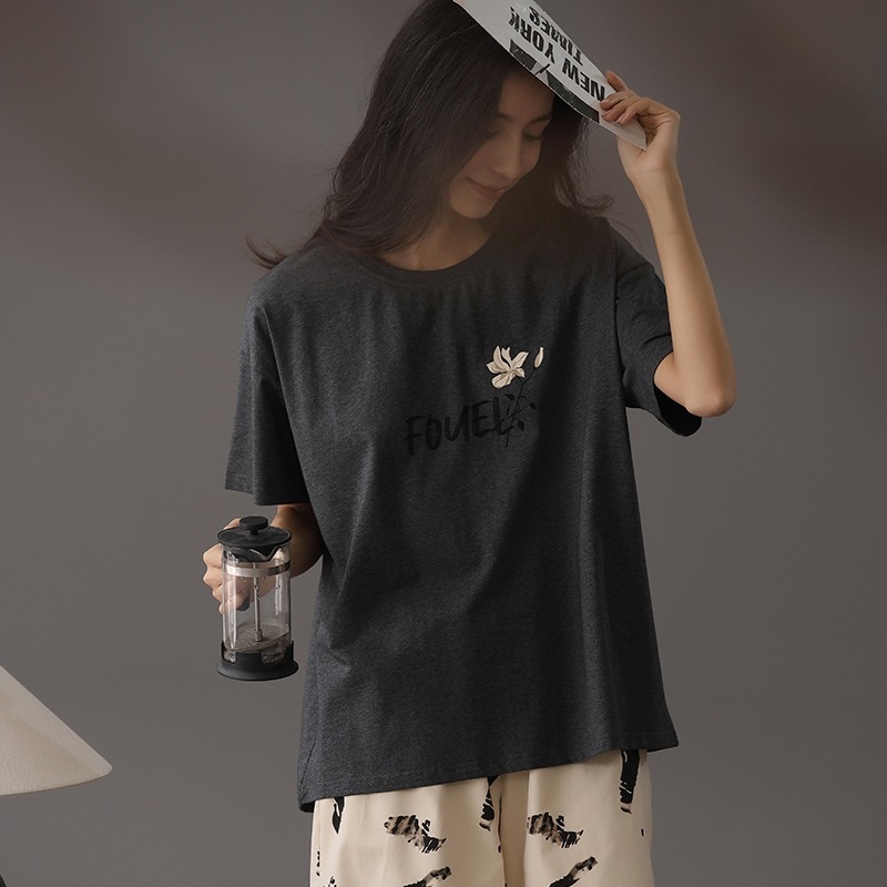 【抗菌ストレッチ綿】純綿を使用した外でも着られる夏用レディース半袖パジャマわびさびスタイル女の子用ホームウェア