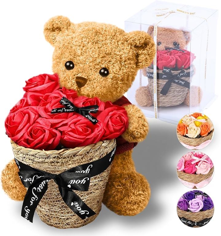 ソープフラワー ギフト くまさんとバラ プレゼント 花束 クマのぬいぐるみ 誕生日プレゼント 女性 フラワーソープ 母の日 ForeverFlowers( レッド)