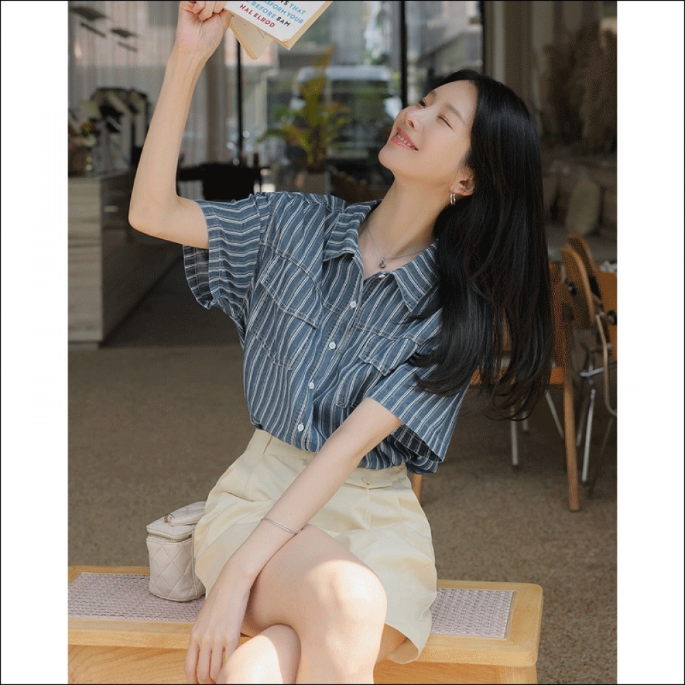 クリック＆ファニーソルベットデニムストライプシャツ