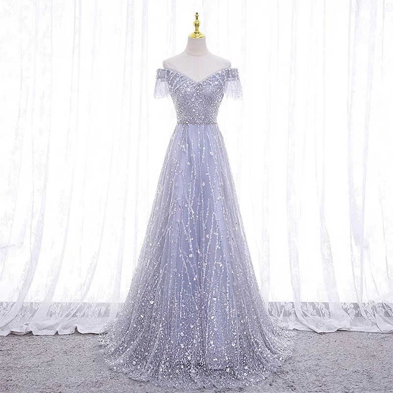 優美なウェディングドレス深いVネックとウエストがフィットしたロングドレス社交界パーティー宴会イブニングドレスに最適です