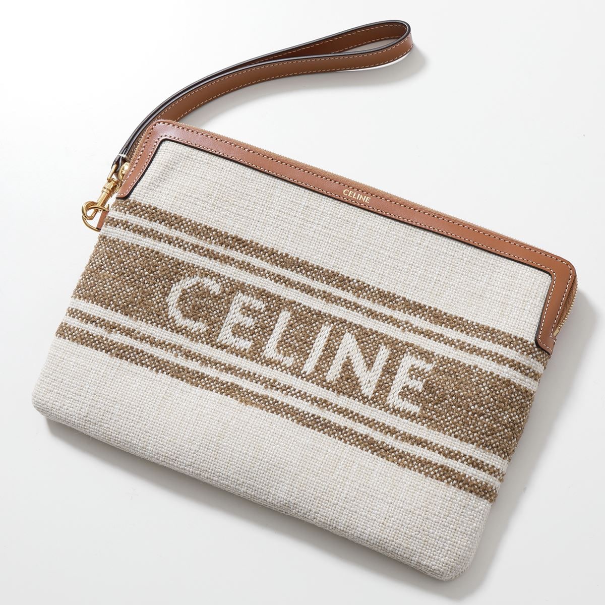 CELINE セリーヌ クラッチバッグ 10J502FAI.18TN レディース スモール ポーチ ストラップ付き ジャガードロゴ ストライプ 鞄 Tobacco/Tan