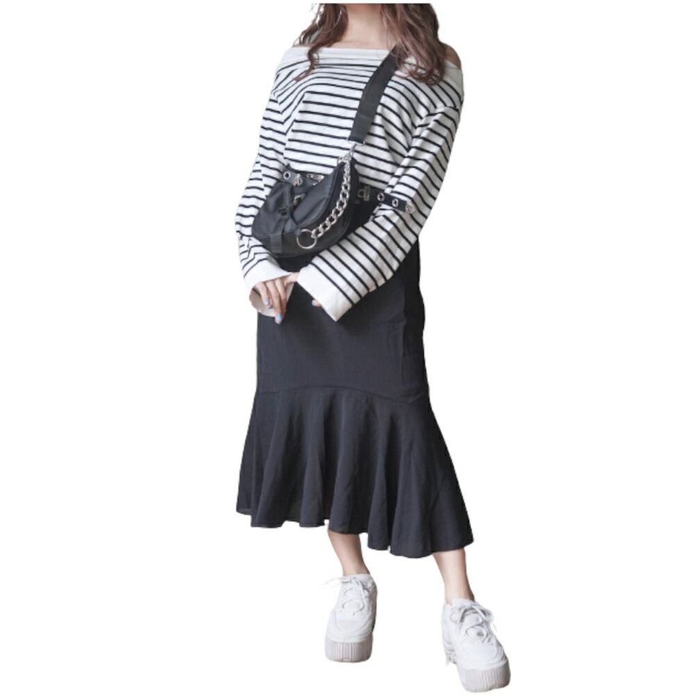 Off-Shoulder Border L/S Tops (white) A.D.G レディース ファッション