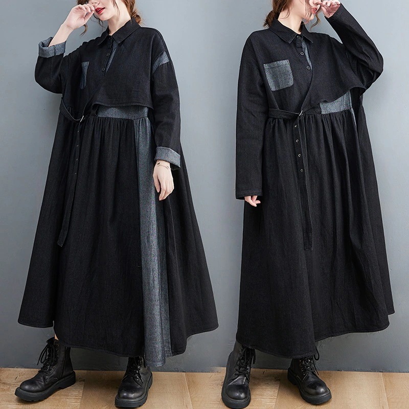 「ファットガール」 秋 デニムドッキングワンピース 大きいサイズ 体型カバー デニムワンピース メガ割30%までに制限