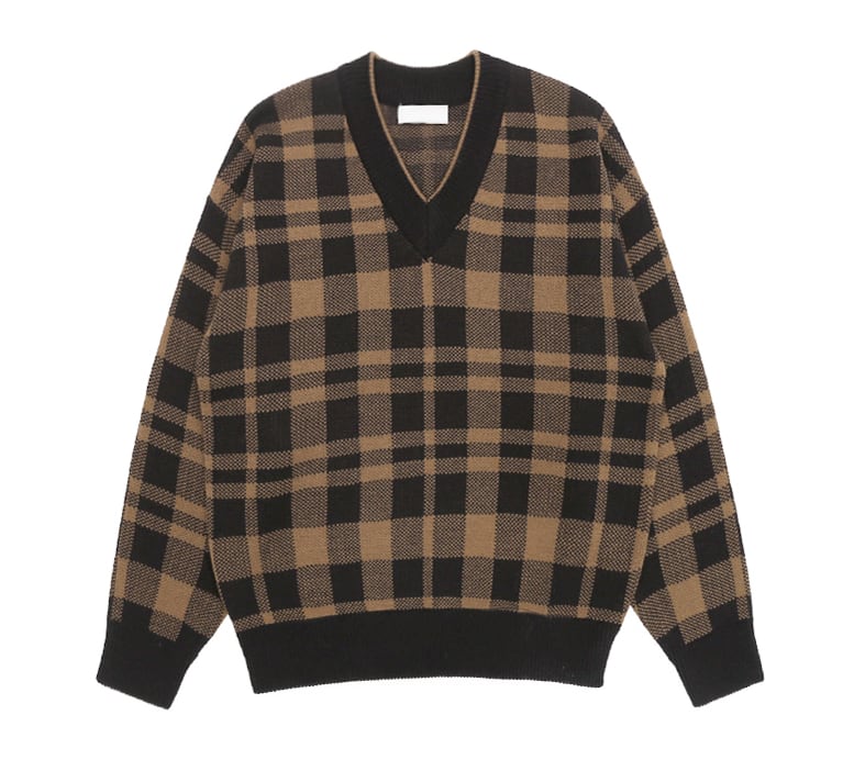 トップス 上着 人気 おすすめ おしゃれ お洒落 安い プチプラ ニット セーター 長袖 ロング Vネック チェック 格子柄 ドロップショルダー 可愛い かわいい 韓国 かっこいい