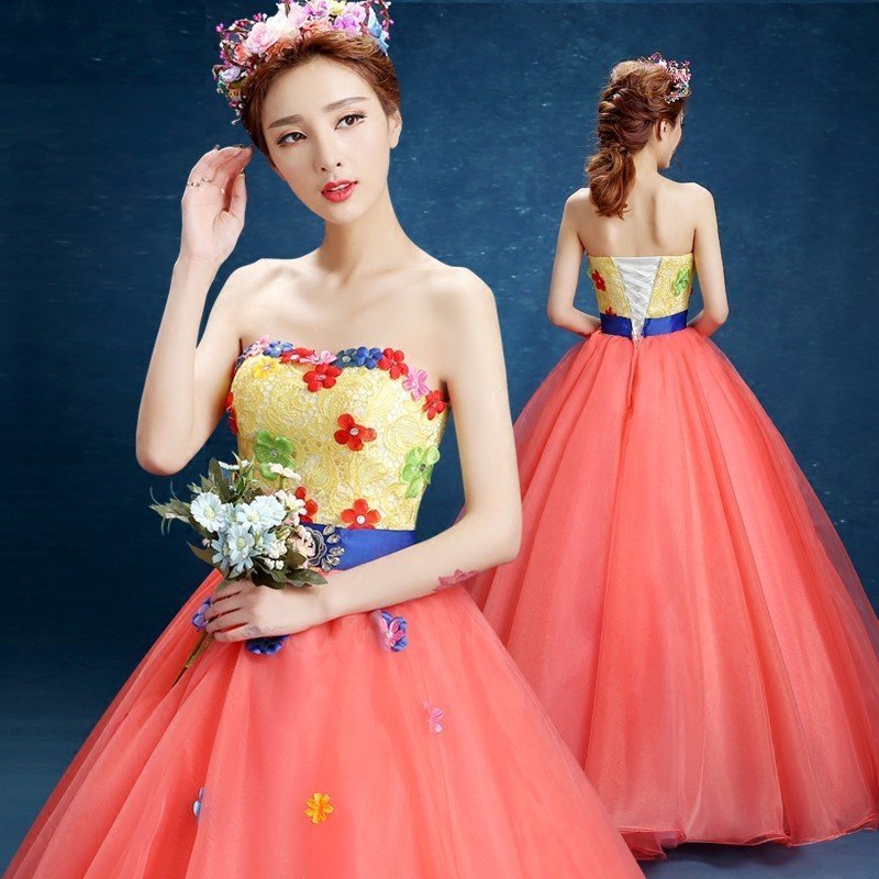 ウェディングドレス カラードレス 演奏会 赤 安い パーティードレス 披露宴 ベアトップ 二次会 ロ