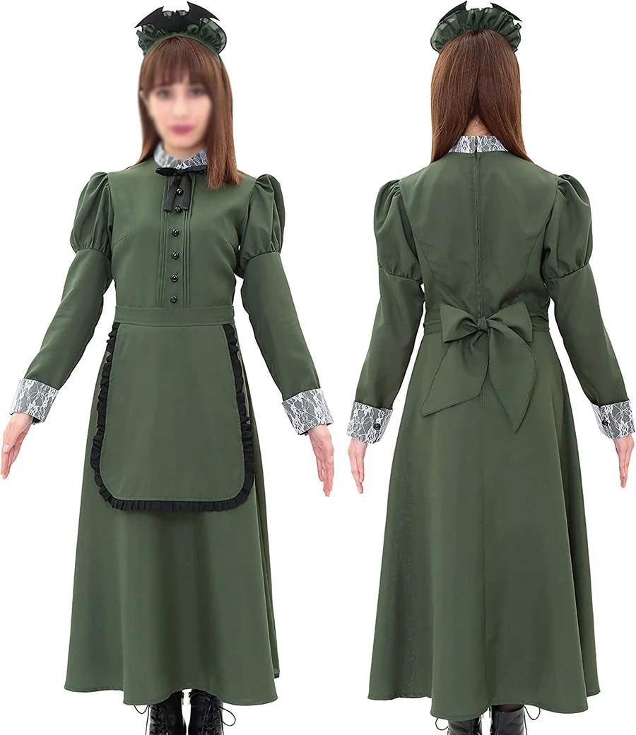 コスプレ衣装 洋館メイド ワンピース ボルドー 長袖 用 メイド服 緑