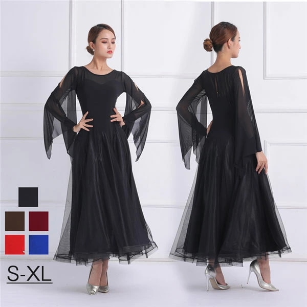 社交ダンスドレス ダンス衣装 社交ダンス ドレス 衣装　ダンスドレス ラウンドネック 長袖 袖あり 袖スリット シンプル スタンダードドレス ワルツ モダン 競技ダンス ダンスウェア レッスンウェア