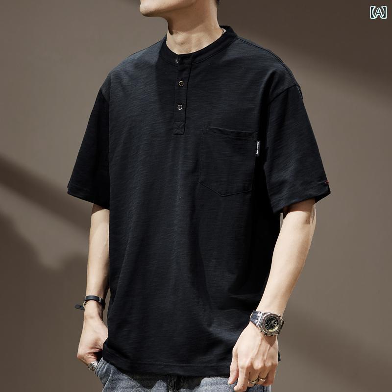 ポロシャツ チャイナ風 ヘビー 綿 ハイエンド ヘンリーカラー 半袖 Tシャツ メンズ アメリカン カジュアル 都会的 夏 レジャー ボタン 洗浄済み 無地 6,259円
