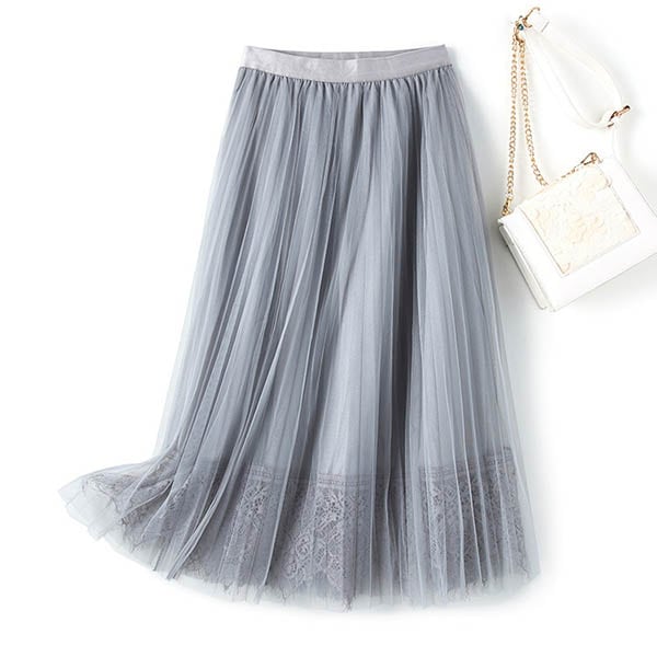 スカート ベージュ グレー 即納 ロング ボリューム レース チュール プリーツ QY-13976