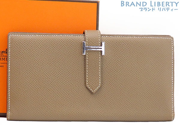 美品エルメスベアンスフレ二つ折り長財布マチ有りエトゥープベージュシルバー金具ヴォーエプソンD刻印