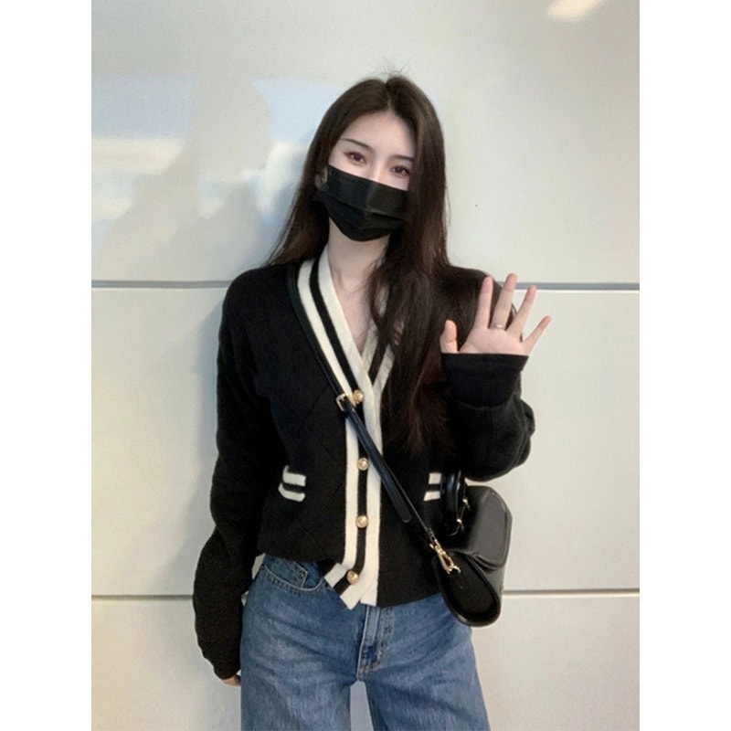 5秋冬レディースロイヤルシスタースタイルvネックファッションデザイントップスゆったりレトロブラックニットカーディガン