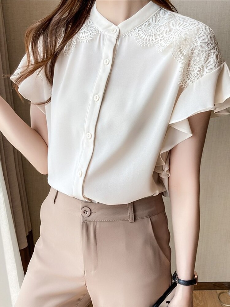 シャツ ブラウス カットソー レディース 半袖 フリル 襟付き 刺繍 レース 上品 かわいい 大人可愛い きれいめ シンプル カジュアル 無地 なつ ママ 学生 お出かけ ホワイト トップス