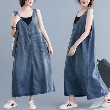 デニム デニムスカート ジャンパースカート ロング丈スカート 袖なし Vネック カジュアル 大人 上品 おしゃれ お洒落 かっこいい 無地 夏 20代 30代 レディース 女性用 女子会 お泊まり