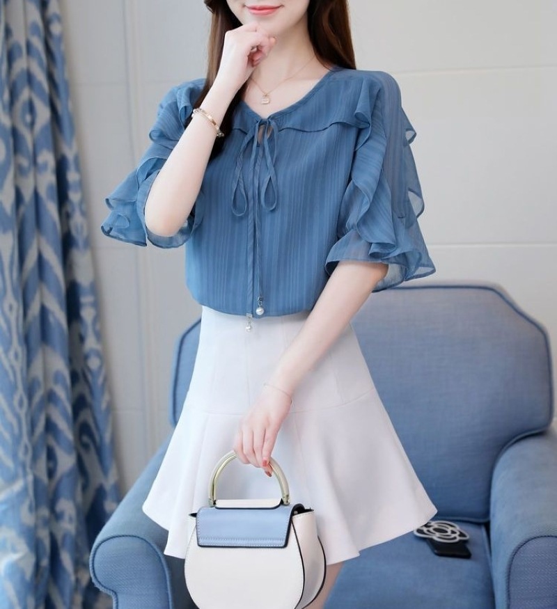 トップス シャツ ブラウス 袖あり 5分袖 パフスリーブ ラウンドネック シフォン フリル リボン 透け感 薄手 きれいめ 大人 上品 おしゃれ 大人女子 エレガント とろみ感 春 夏 レディース