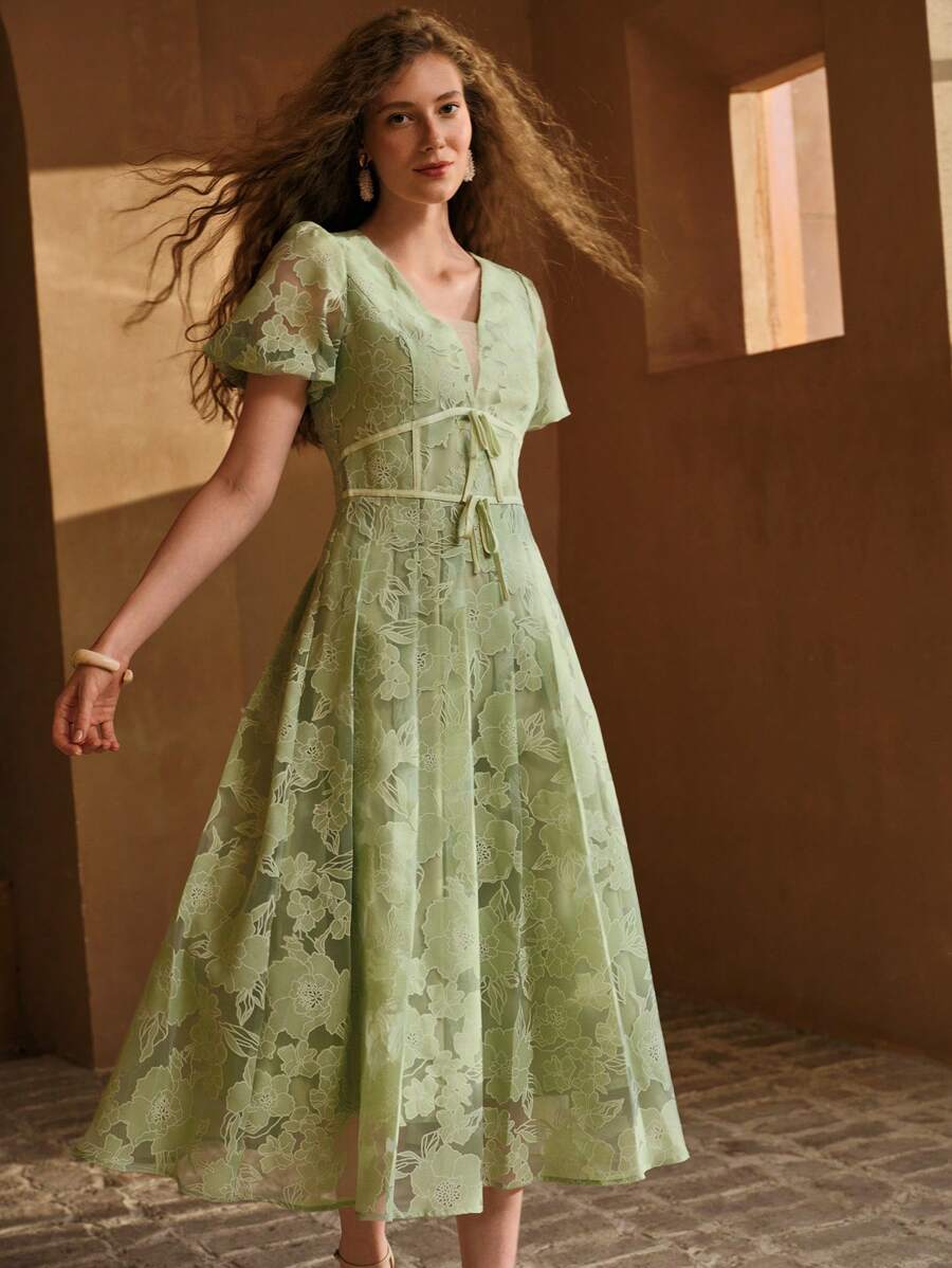 女性夏用ジャカード Vネック パフスリーブ フロー リーおしゃれワンピースドレス
