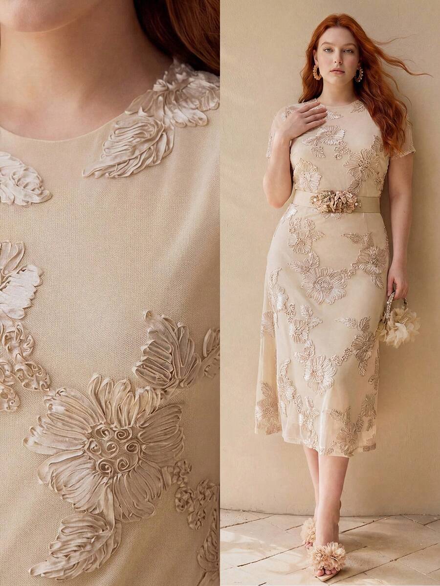 プラスサイズ レディース メッシュ刺繍 半袖トップ春夏