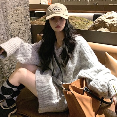 オーバーセーター グレー トップス ニットソー セーター カーディガン 長袖 Vネック スリム 細身