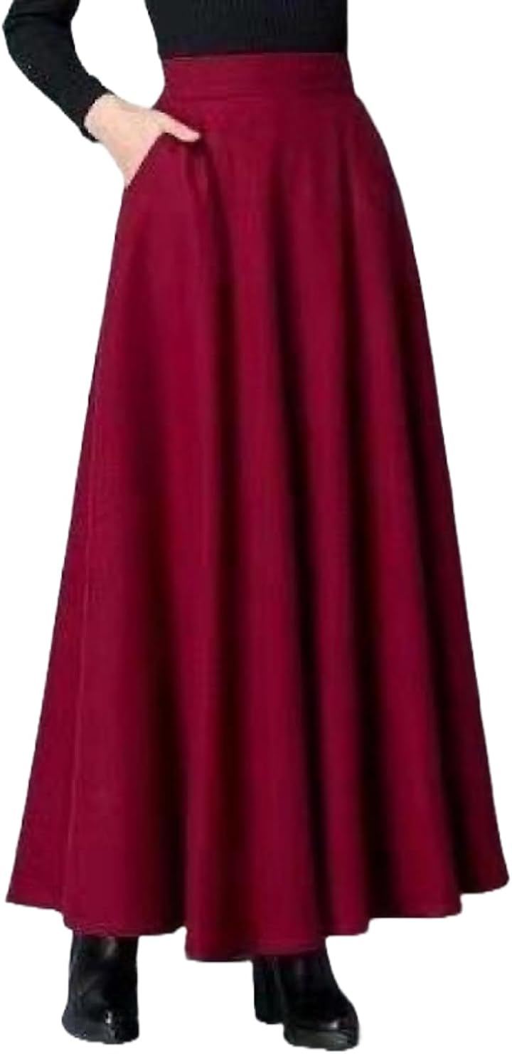 スカート ロング レディース 厚手 フレア ハイウエスト マキシ丈 Aライン 秋 冬 春 (レッド, M)
