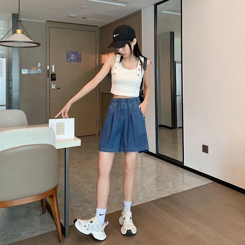 Du Xiaozhai テンセル デニム ショートパンツ ガールズ 夏 薄手 ハイウエスト ゆったり カジュアル ワイドレッグ ホットパンツ レディース クォーターパンツ