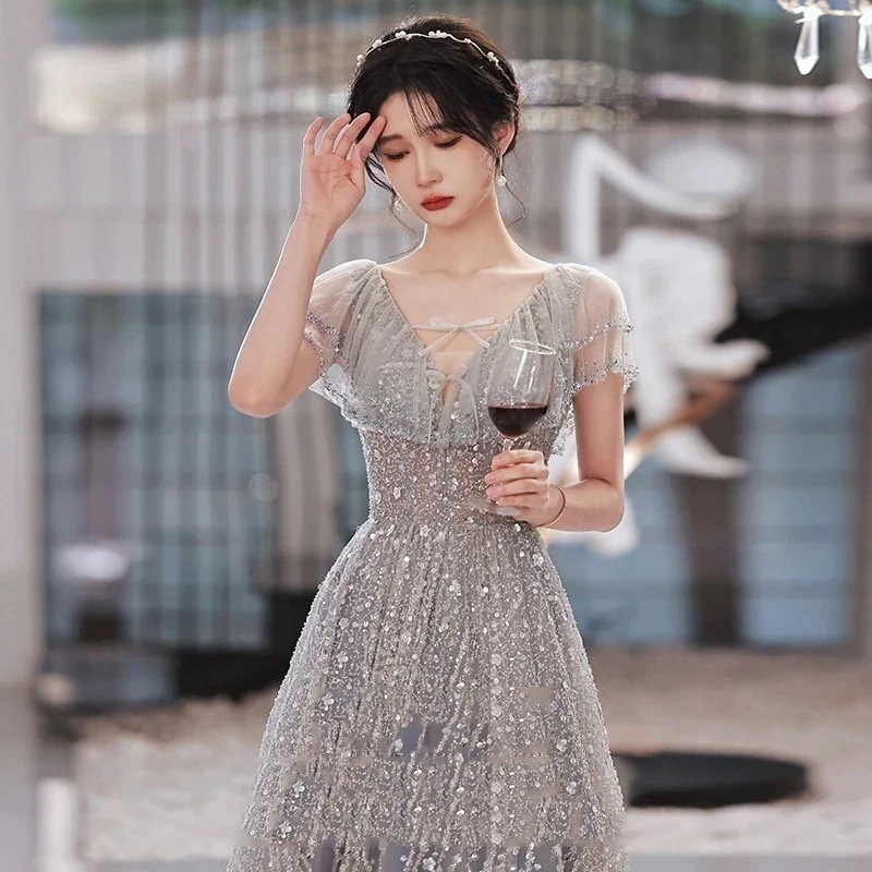 グレーのイブニングドレス結婚式ドレスロング個性的パーティードレスお呼ばれAラインレースレディースワンピース大人結婚式披露宴演奏会ホストパーティー卒業パーティーバ