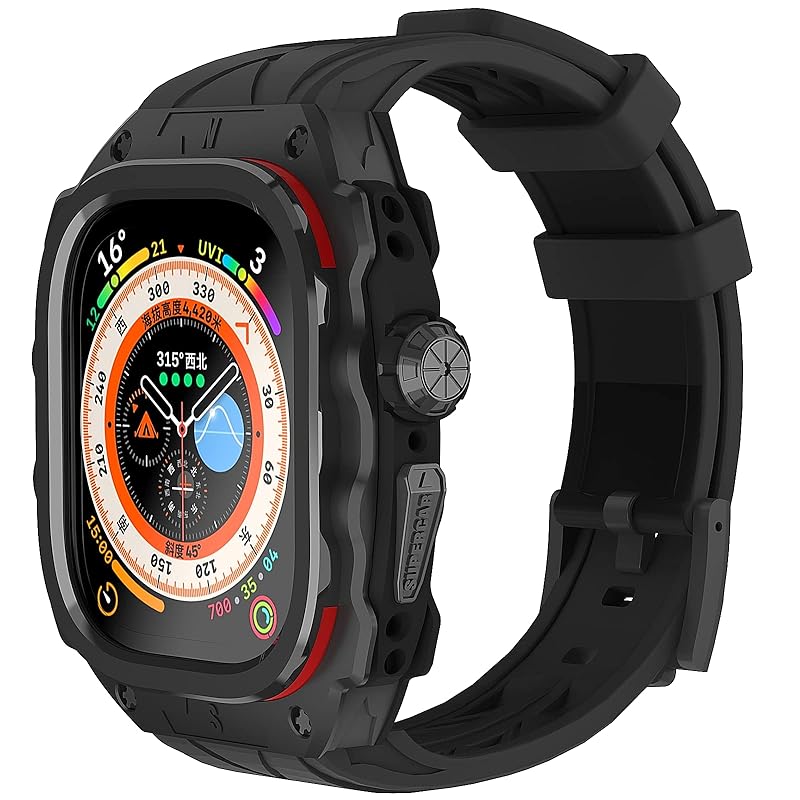 高級メタルケース Apple Watch Ultra 1/2 49mmバンド カバー付き 高耐久 頑丈なケース シリコンストラップ 男性用フル保護カバー (Black)