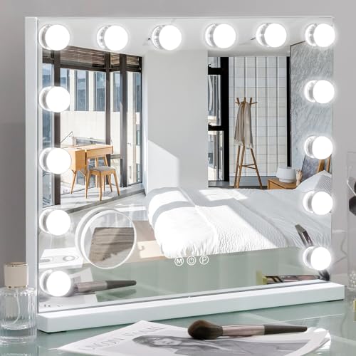 Hansong 女優ミラー ハリウッドミラー 化粧鏡 女優鏡 ライト付きミラー 鏡 大きい 卓上/壁掛け両用可能 3色ライトモード 明るさ調節でき 14個LED電球付き 10倍拡大鏡付き 50x40c