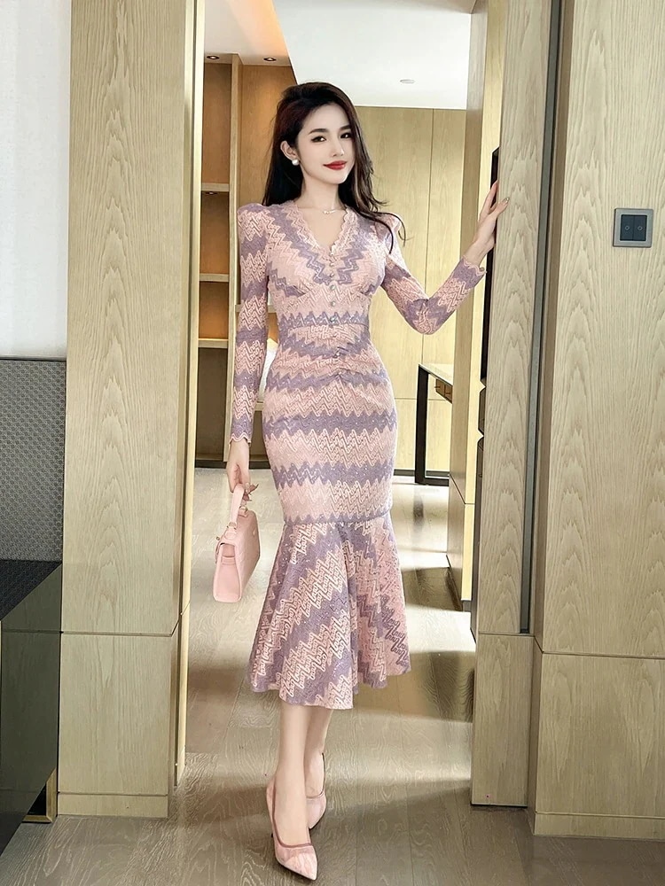 柄 Vネック 二次会 大人 同窓会 ロングワンピース 秋冬 パーティードレス キャバ 着痩せ 発表会 演奏会 卒業式 披露宴 結婚式 マーメイド ウェディング