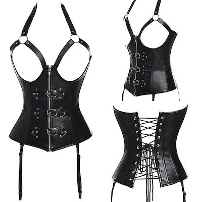 レース付きレザーボンテージ　コルセット　ガーター Qoo10] ガーターベルト付きブラックレザースーツ