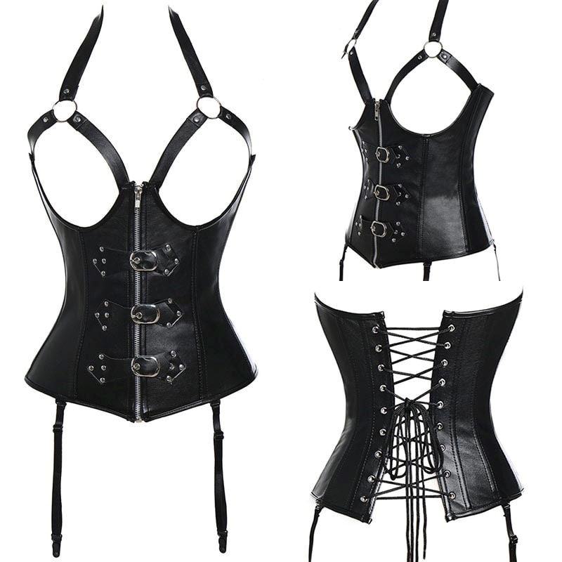 ガーターベルト付きブラックレザースーツ コルセット（セクシークィーン） 皮革 ボディースーツ コスプレ 衣装 補正下着 コスチューム SM嬢風 ボンデージ 大人 仮装 mt791xxxxxxxx