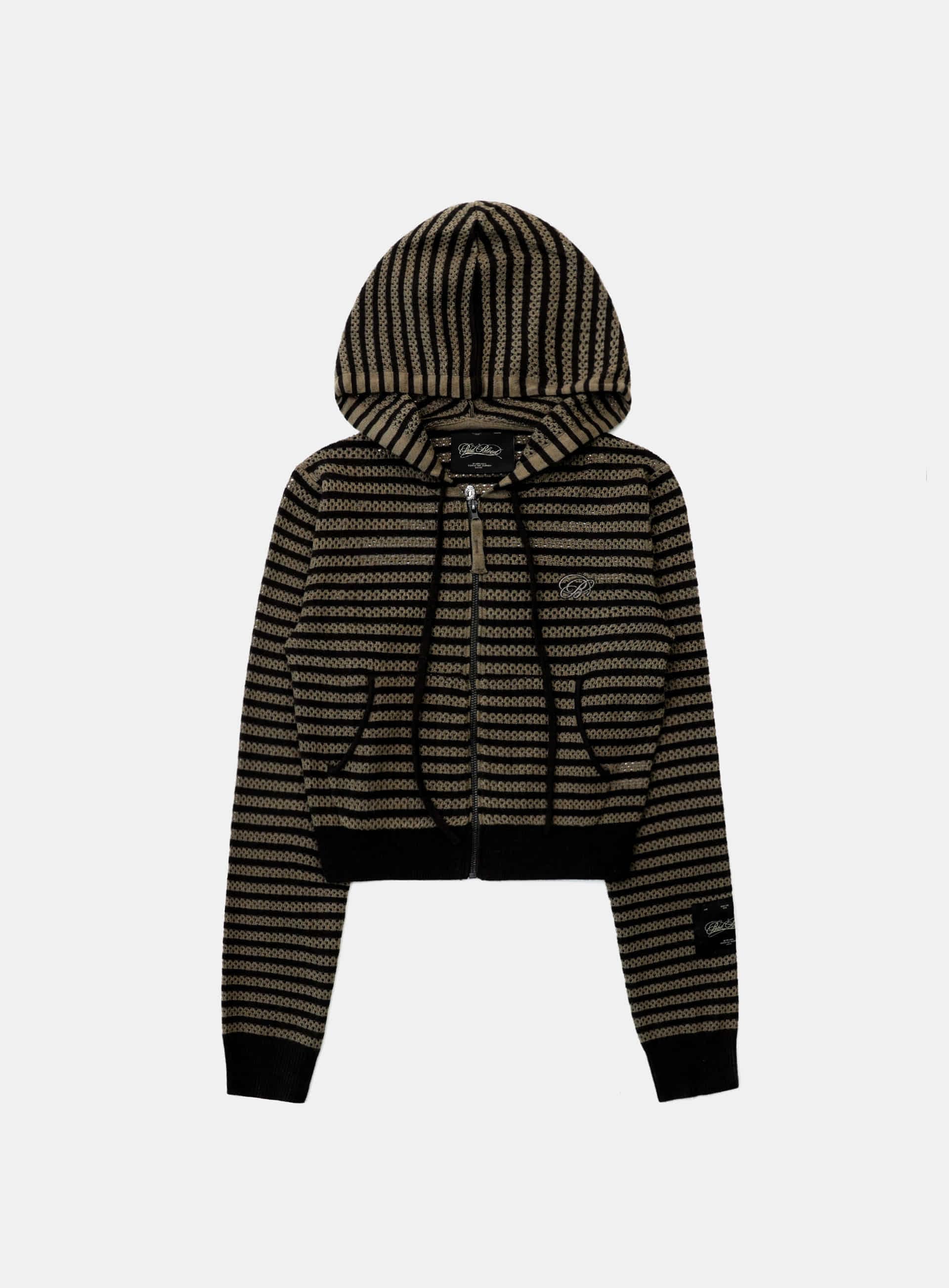【BADBLOOD】 STRIPED CROCHET KNIT HOODIE : KHAKI/BROWN