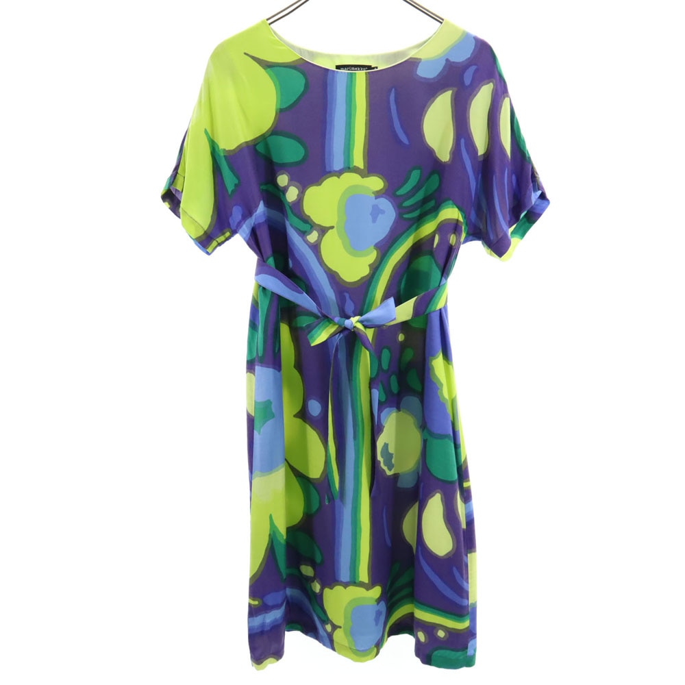 総柄 半袖 ワンピース 36 パープル系 ウエストリボン レディース