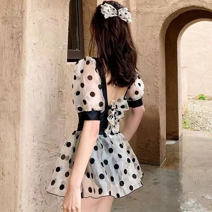 水玉水着フェアリーバックレスレースメッシュタフテッドワンピースビキニ韓国ファッション