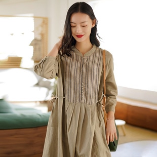 2021春新しい文学女性の绵とリネンのドレス女性の钝い大きないきいき振子a言叶のレトロなロングドレス