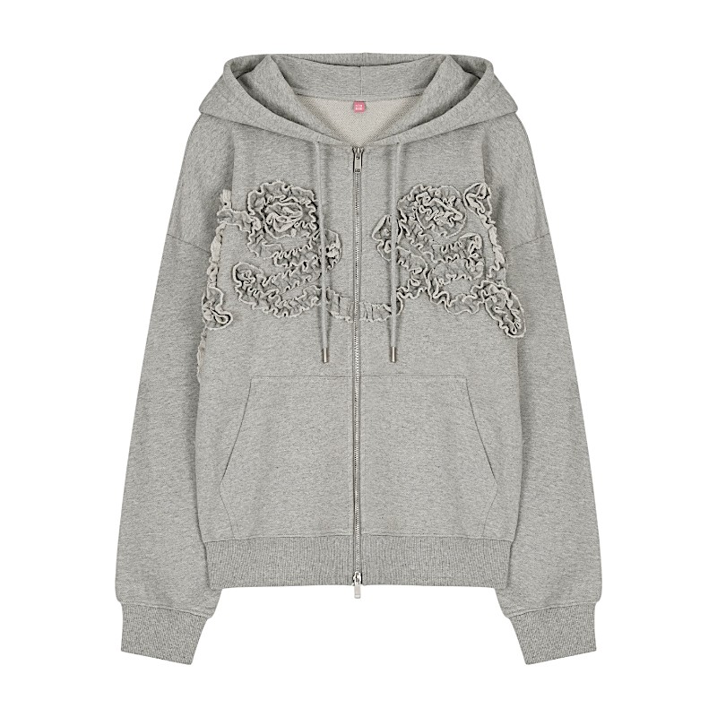 ローズフリル オーバーフィット フードジップアップ Melange Grey 可愛い パーカー ディリーファッション 韓国ファッション 韓国ブランド フリーサイズ フード