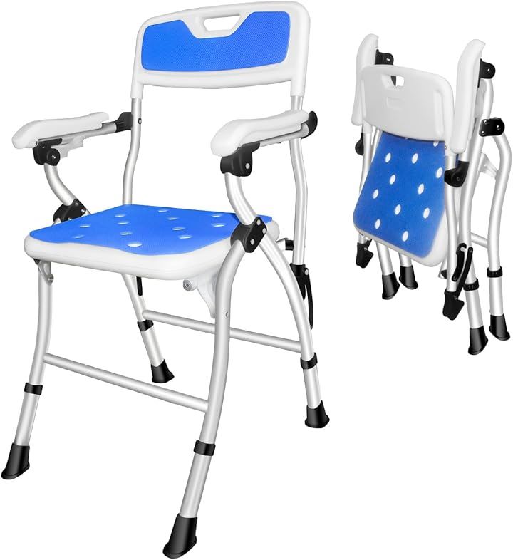 折りたたみシャワーチェア お風呂椅子 介護用 折り畳み 組み立て不要 浴室 軽量 丈夫 耐荷重180KG 介護用品 4段階高さ調節 バスチェア 介護チェア 転倒防止( ブルー, 大)