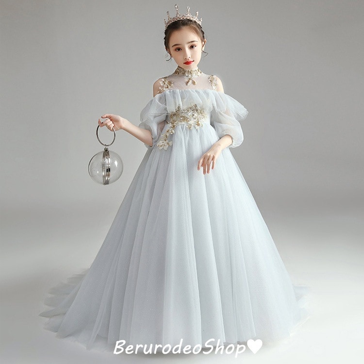 子供ドレス ピアノ発表会 グレー ロングドレス 女児ドレス 立ち襟 オフショルダー 女の子ドレス 肩出し キッズドレス 演奏会ドレス トレーンドレス チュール フォーマル 100 110 120 13
