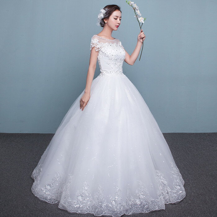 ウェディングドレス 裾レース 着後ﾚﾋﾞｭｰ特典ビジューが華やか プリンセスラインドレス ラウンドネック イリュージョンネック フレンチ袖 半袖 カジュアル ホワイト インポート ブライダル パーティ