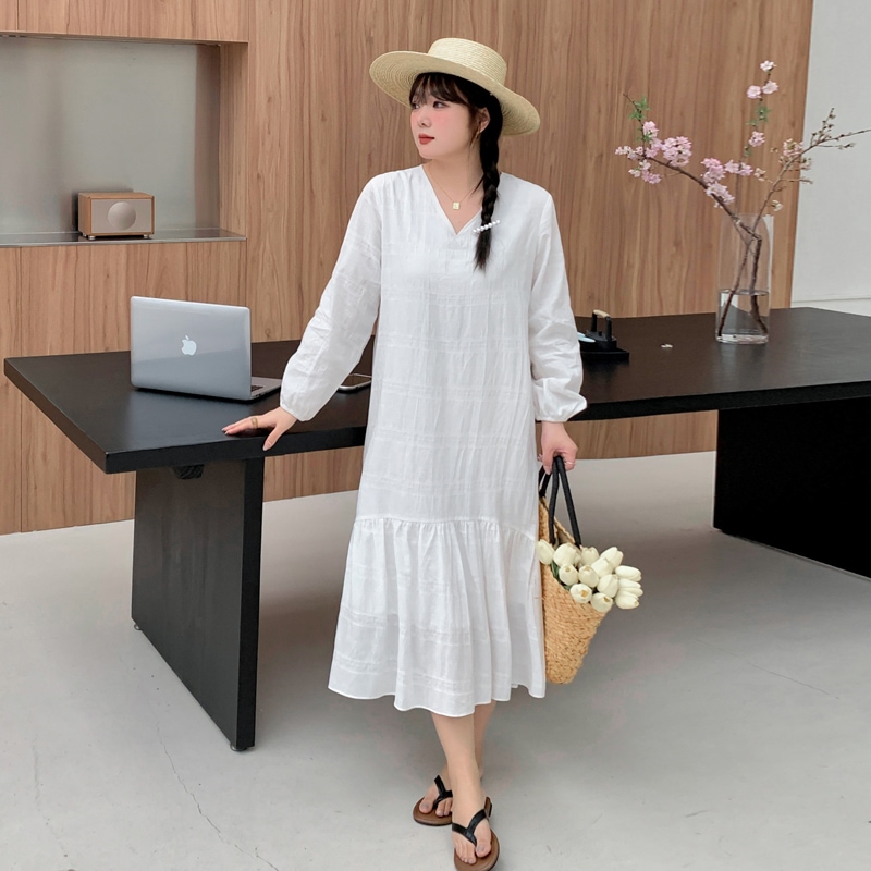 フェミニンワンピ フィッシュテール レディース ワンピース 膝下 長袖 Vネック ワイド フレア Aライン かわいい 大人可愛い きれいめ シンプル 上品 おしゃれ マニッシュ ガーリー ルーズ