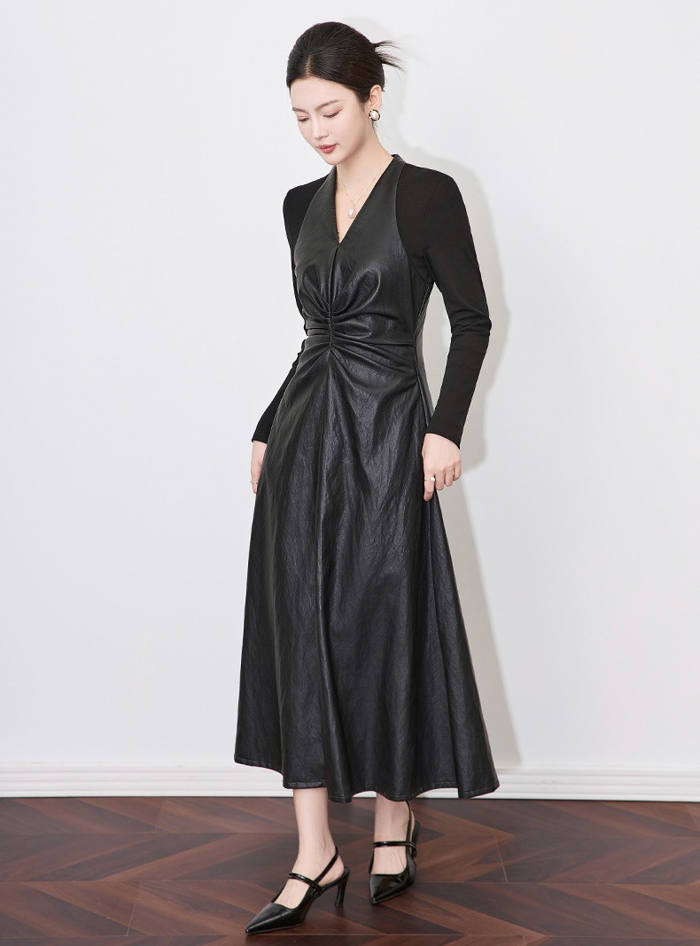 ワンピーススーツ ロング丈マキシ丈ワンピース 長袖Aラインドレス 結婚式ワンピーススーツ フェミニンドレス PUパーティードレス エゴレザー合成革