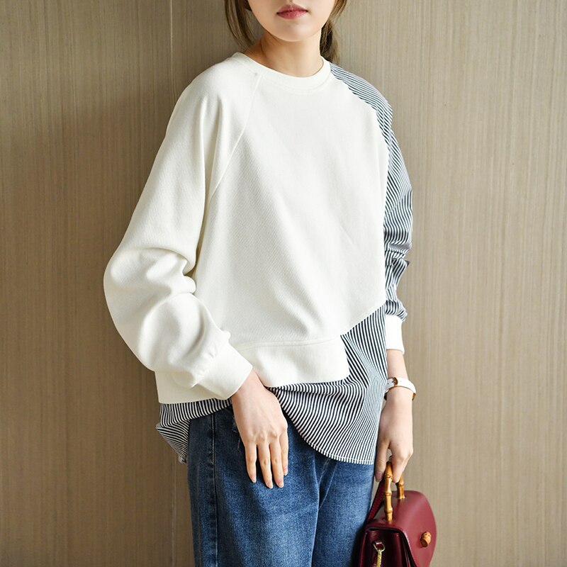 トップス シャツ カットソー プルオーバー レディース 春 秋 カジュアル 長袖 ショート丈 ゆったり 長袖 Uネック ラウンドネック 襟なし ノーカラー 切り替えデザイン ドッキング 白 ホワイト