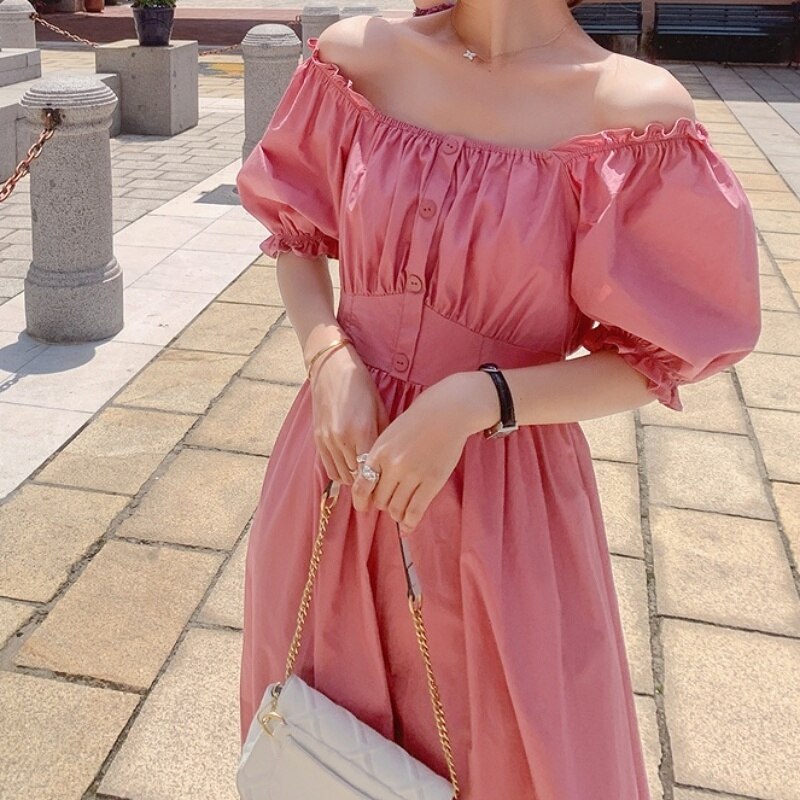 4色 ワンピース 半袖 夏 きれいめ カジュアル かわいい aライン Aライン フレア ワンピドレス フレアスカート 膝下 ミディアム丈 ミドル丈 五分袖 ボリューム袖 ボリュームスリーブ パフスリー