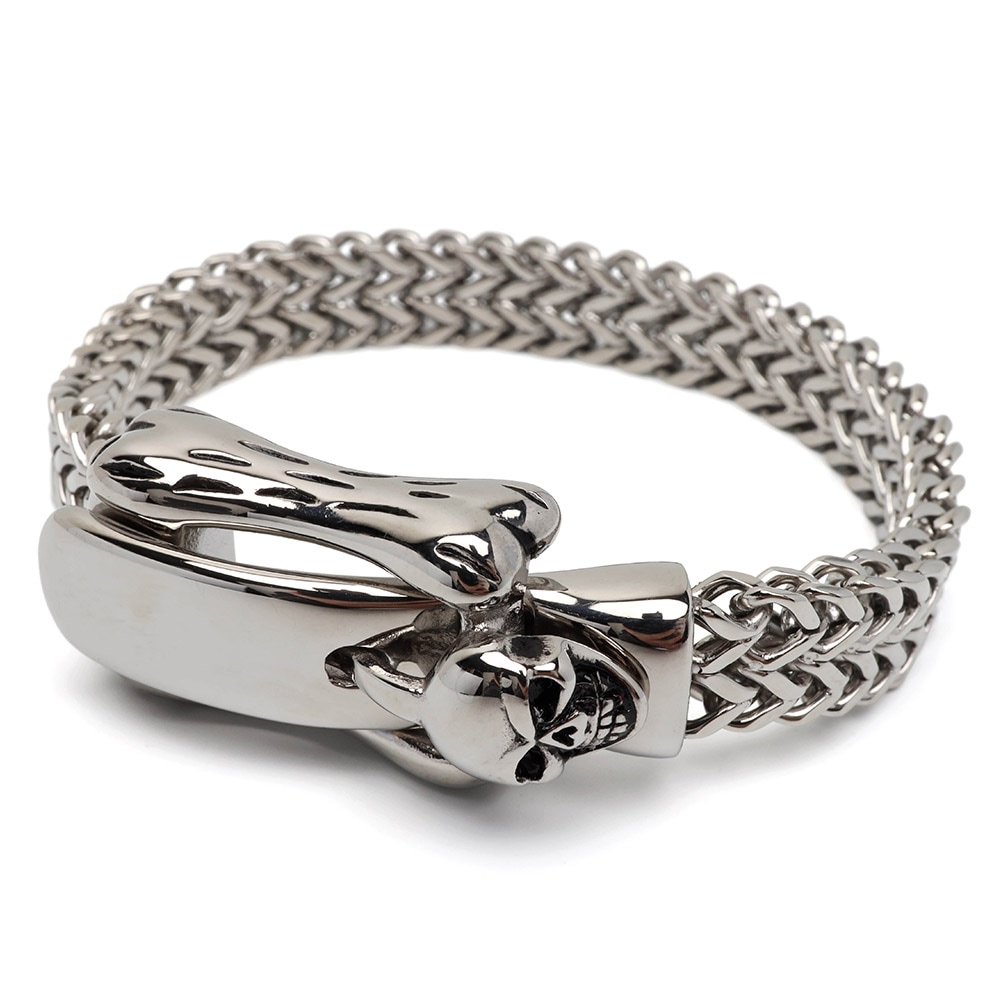 ステンレス スカルモチーフがアクセントのベルト風チェーンブレスレット [b991]