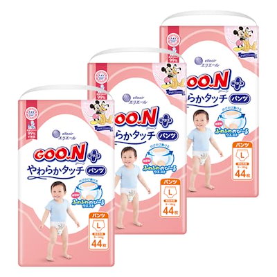他サイト： 【パンツ Lサイズ】グーンプラス やわらかタッチ おむつ (9~14kg) 132枚(44枚×3) [ケース販売] ディズニーデザインの商品画像