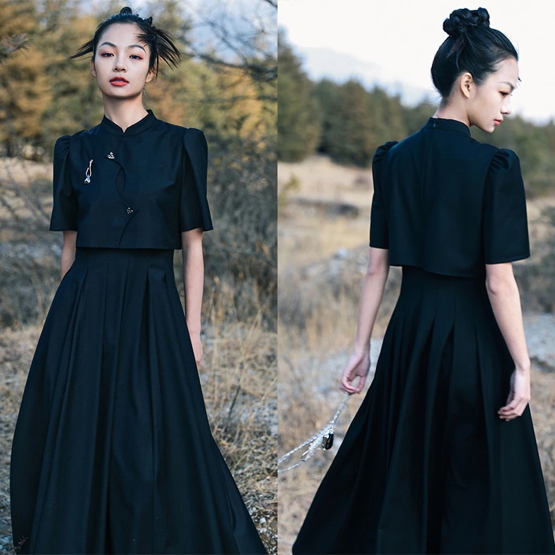 パーティードレス チャイナ風ワンピース ロング 半袖 黒 重ね着風ワンピース 改良チャイナドレス 卒業式 スーツ風