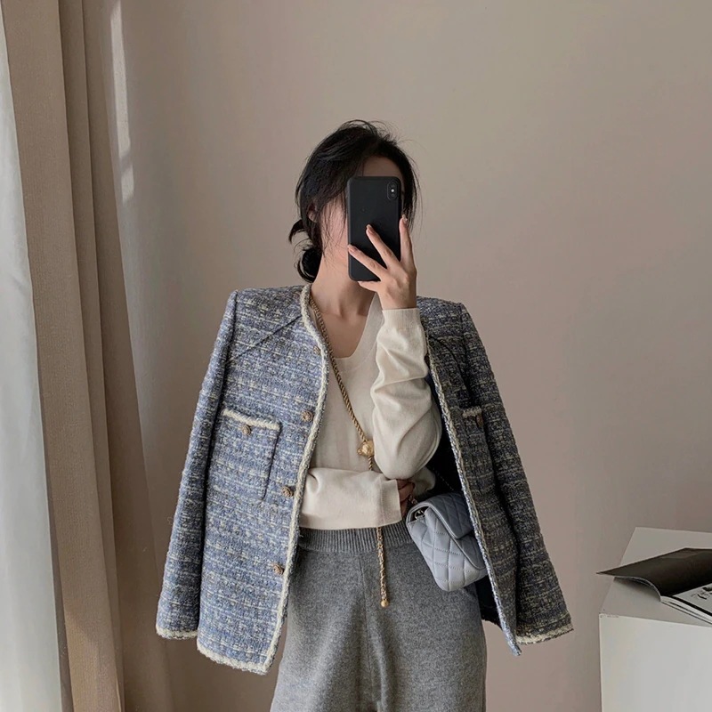 【超お得1つ買うと10個もらえる】急速出荷ツイードフレンチスタイル小香風ショートセレブブラウスレイクブルージャケットレディース新春秋オールマッ