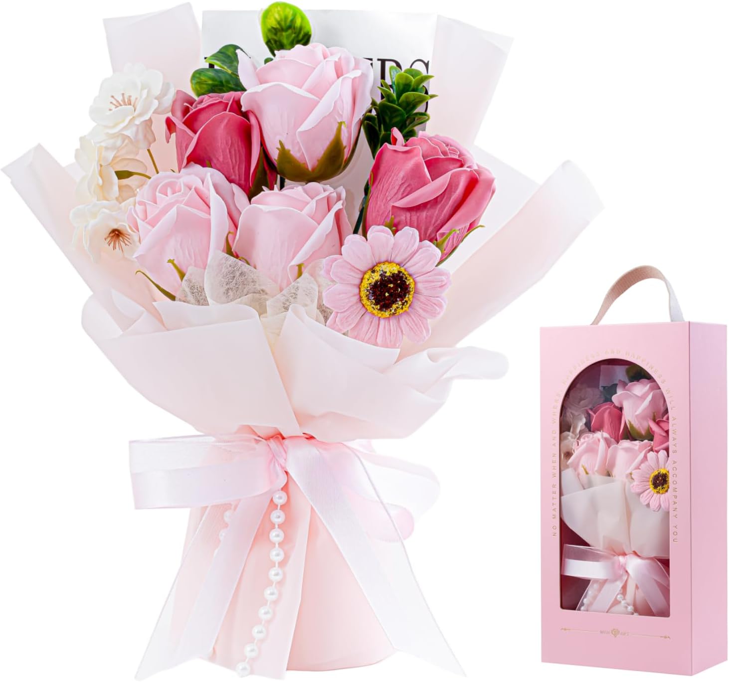 ソープフラワー花束 造花 バラ ボックス ラッピング 母の日 誕生日 記念日 結婚祝い 開店祝い 敬老の日 バレンタイン 父の日 卒業式 退職 感謝 彼女 女性 妻 (ピンク)