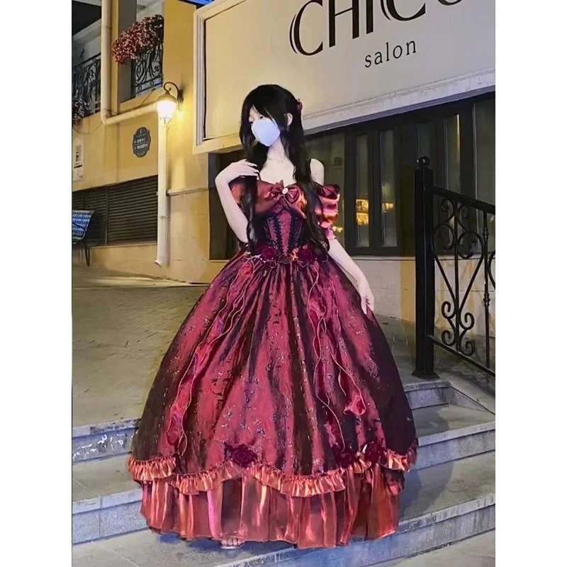 レッドフラワーウェディングロリータプリンセスドレスゴージャス重工業成人式誕生日ドレストレーリングふわふわプリンセスドレス