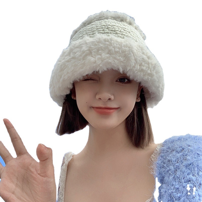 帽子女性の秋と冬のぬいぐるみニットウール帽子かわいいウサギの毛皮暖かい漁師の帽子